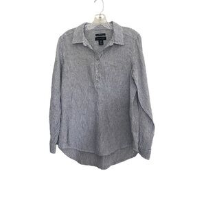 Tahari 100% Linen Beachy Nautical Striped Roll Tab  high/low Shirt Blue White M.